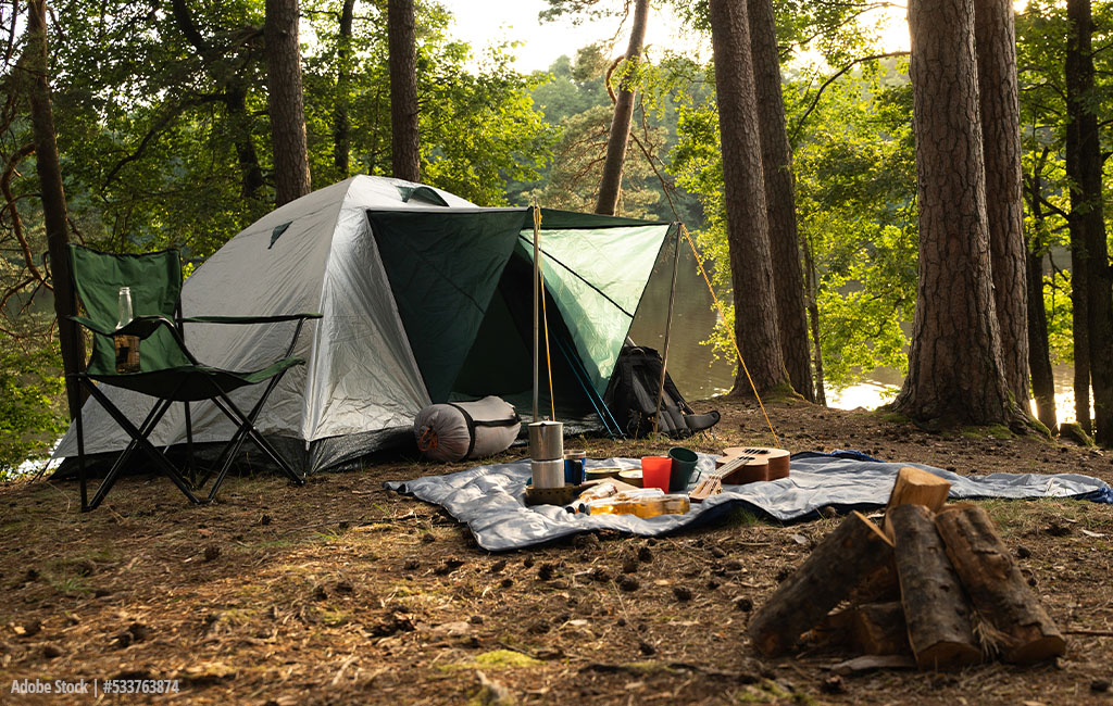 Ein Campingplatz im Wald mit einem aufgebauten Zelt, einem Campingstuhl, einer Picknickdecke mit Essen und Getränken und einem Lagerfeuerplatz mit Holzscheiten im Vordergrund.