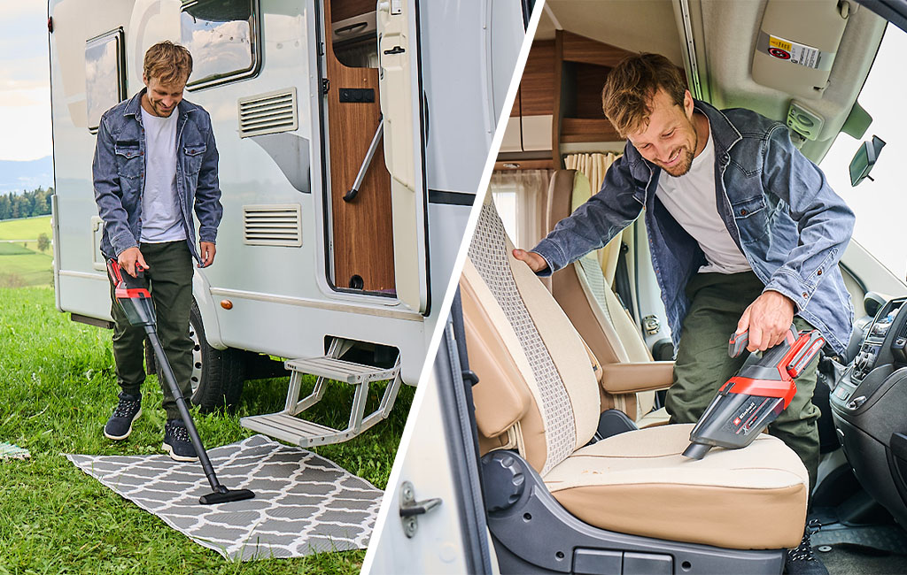 Zwei Bilder zeigen einen Mann, der ein Wohnmobil reinigt: links saugt er einen Teppich vor dem Wohnmobil ab und rechts reinigt er den Fahrersitz im Inneren mit einem Einhell Akku-Handstaubsauger.