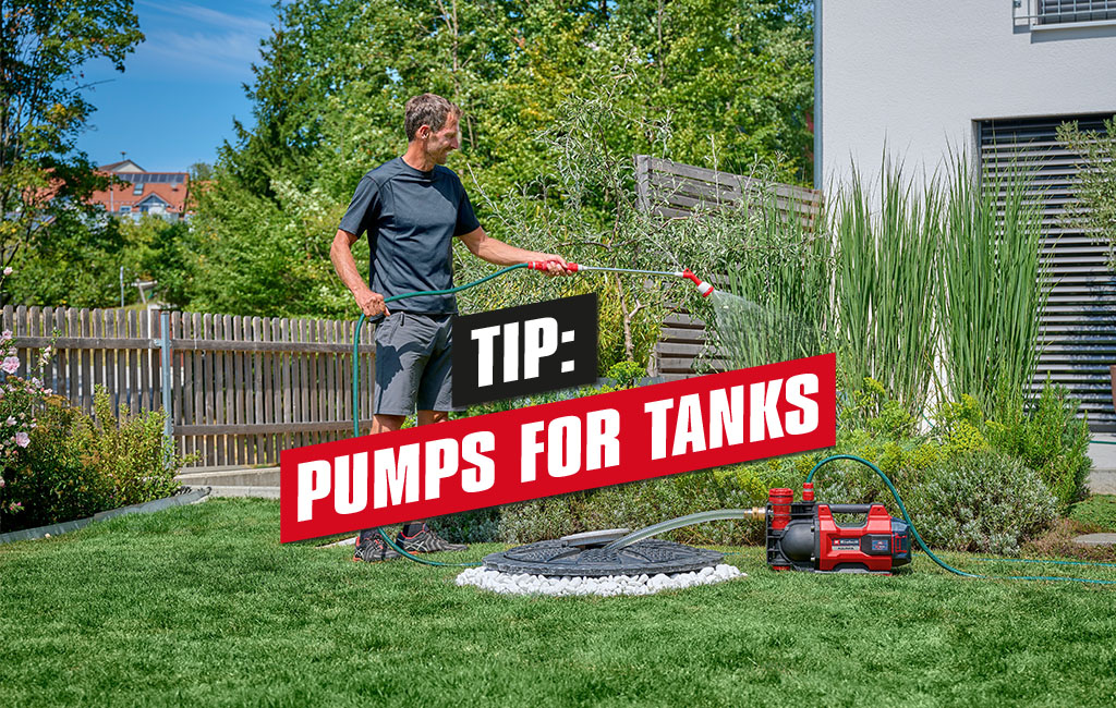 A man watering green plants in his garden with rainwater pumped by a cordless garden pump. | text: tip: pumps for tanks