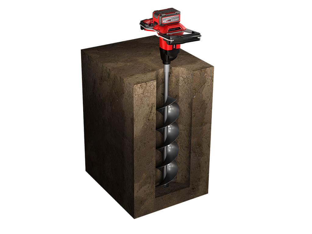 Graphic representation of the Einhell cordless earth auger that has drilled into the earth.