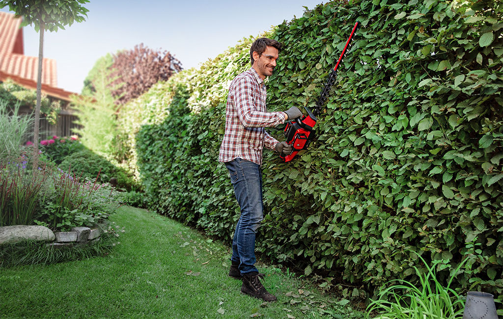 Mann schneidet Hecke in einem Garten mit einer Einhell Akku-Heckenschere