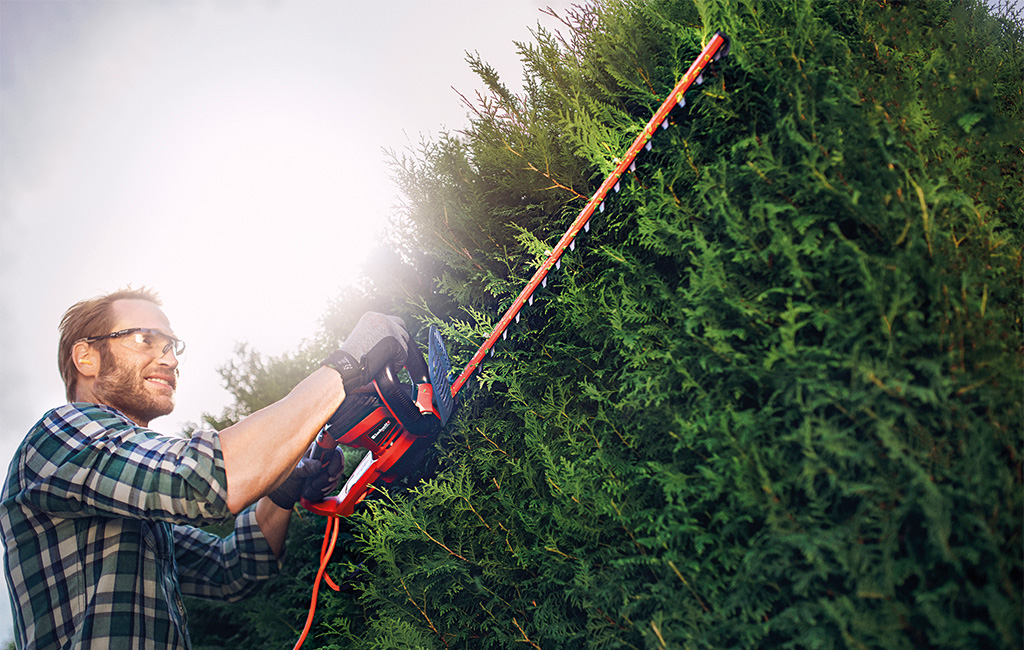 ein Mann schneidet eine Hecke mit einer Einhell Elektro-Heckenschere