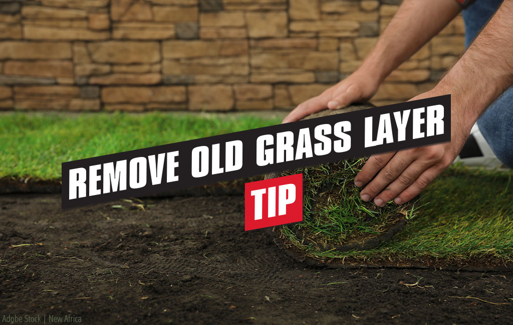 Turf is rolled up. Text in the foreground: Removing the old layer of grass - Tip