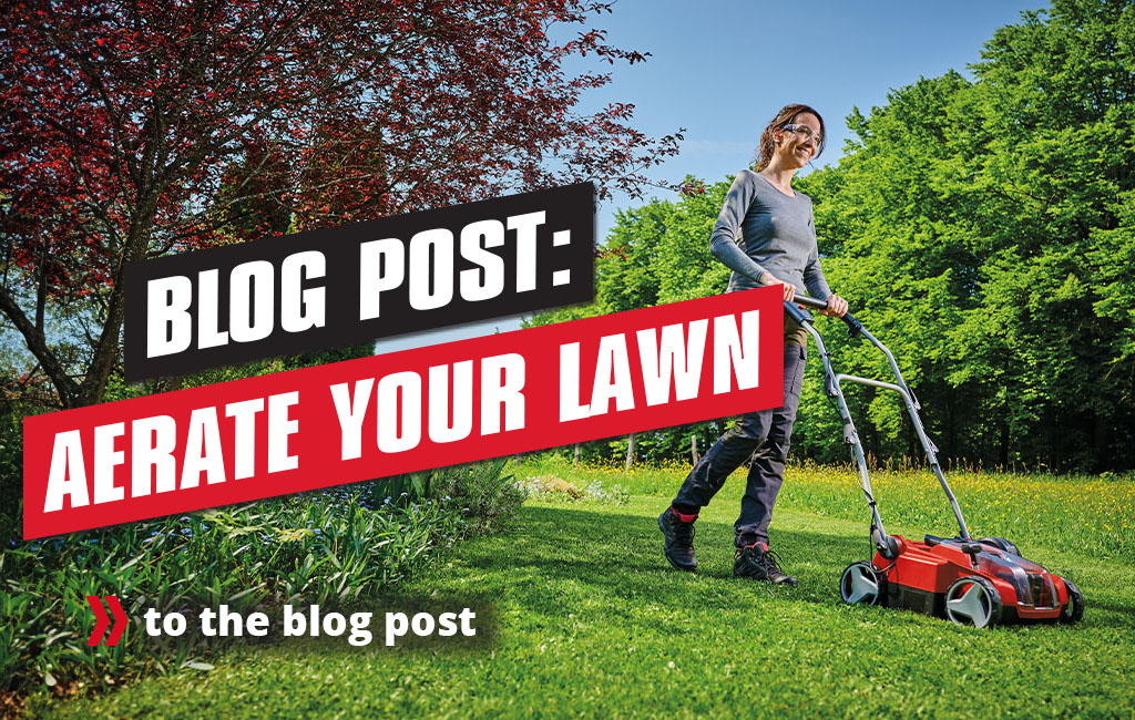 A woman scarifies a lawn. Text in the foreground: Blog post: Aerating the lawn