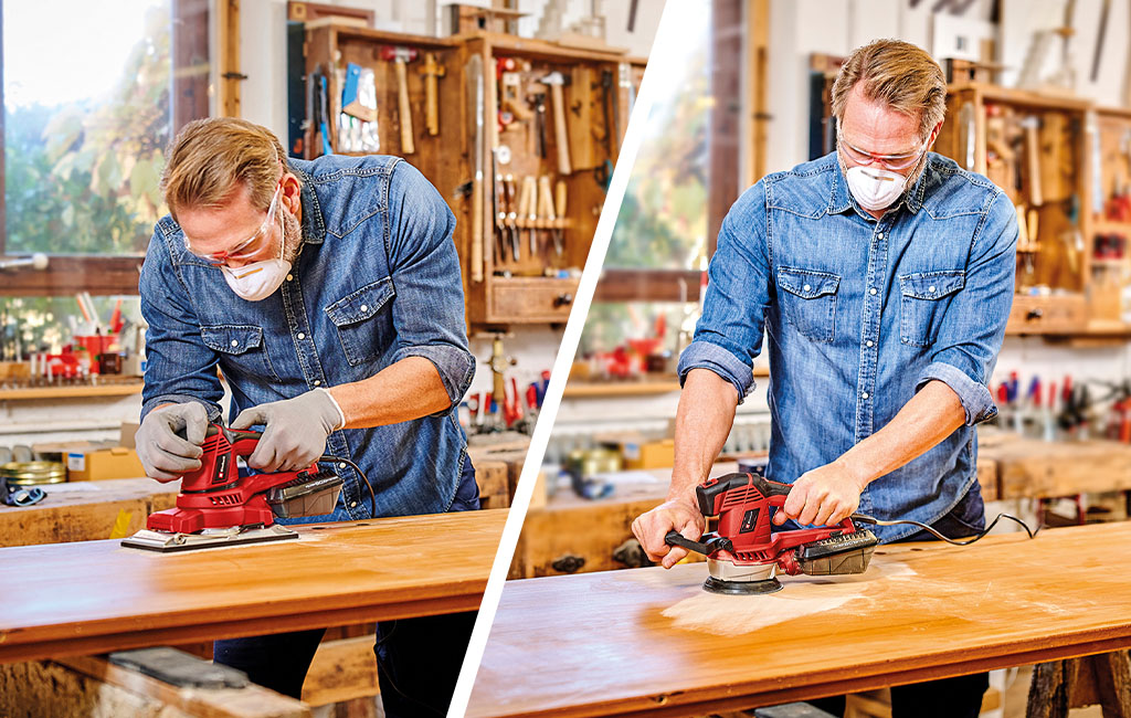 left side: a man is using the Einhell orbital sander | left side: a man is using the Einhell rotary sander