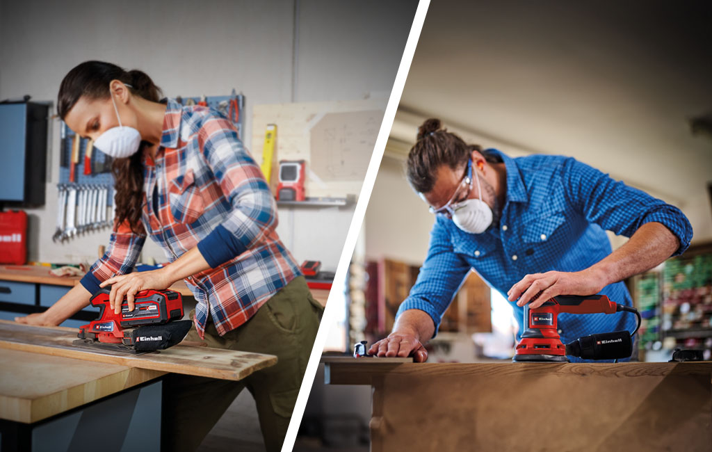 left: a woman is using the Einhell Orbital Sander | right: a man is using the Einhell Rotary Sander