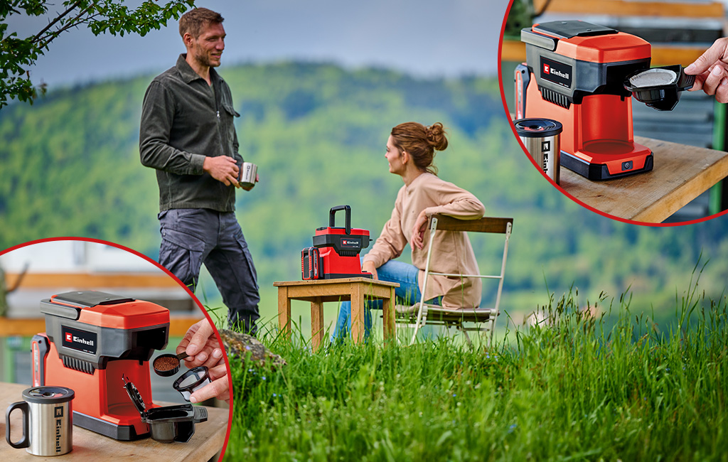 ein Mann und eine Frau trinken Kaffee auf einer Wiese, zubereitet von der Einhell Akku-Kaffeemaschine