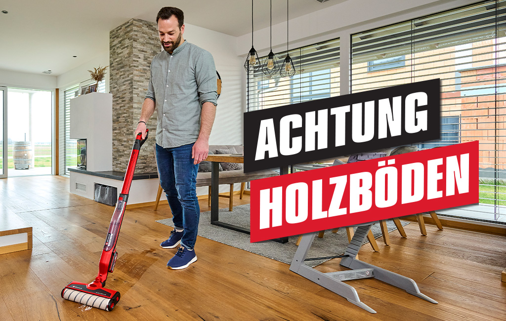 ein Mann reinigt den Boden mit dem Einhell Akku-Bodenreiniger CLEANEXXO