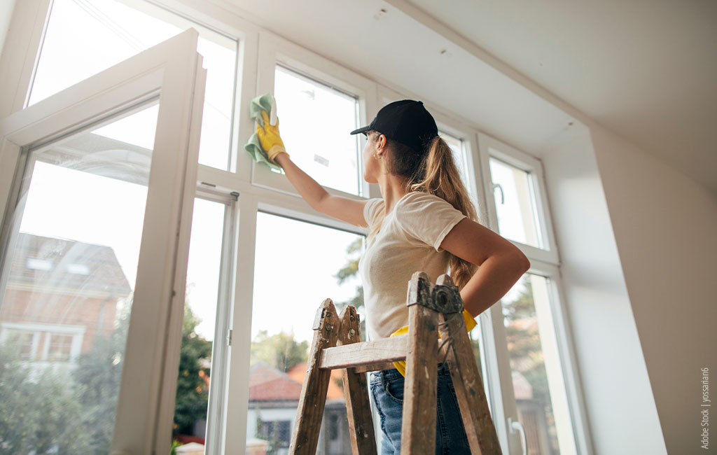 a woman is cleaning the window glass