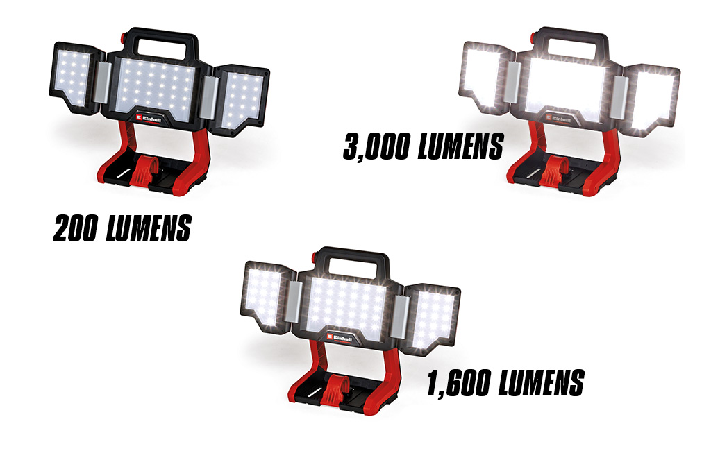 Comparison of brightness levels of a work light model (200 lumens, 1,600 lumens, 3,000 lumens).