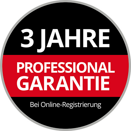 Rundes Garantie-Logo mit der Aufschrift „3 Jahre Professional Garantie, Bei Online-Registrierung“ auf schwarzem und rotem Hintergrund.